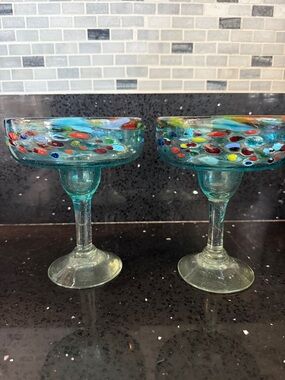 Teal Hand-Blown Glass Coupe Pair with Multicolor Dot Accents